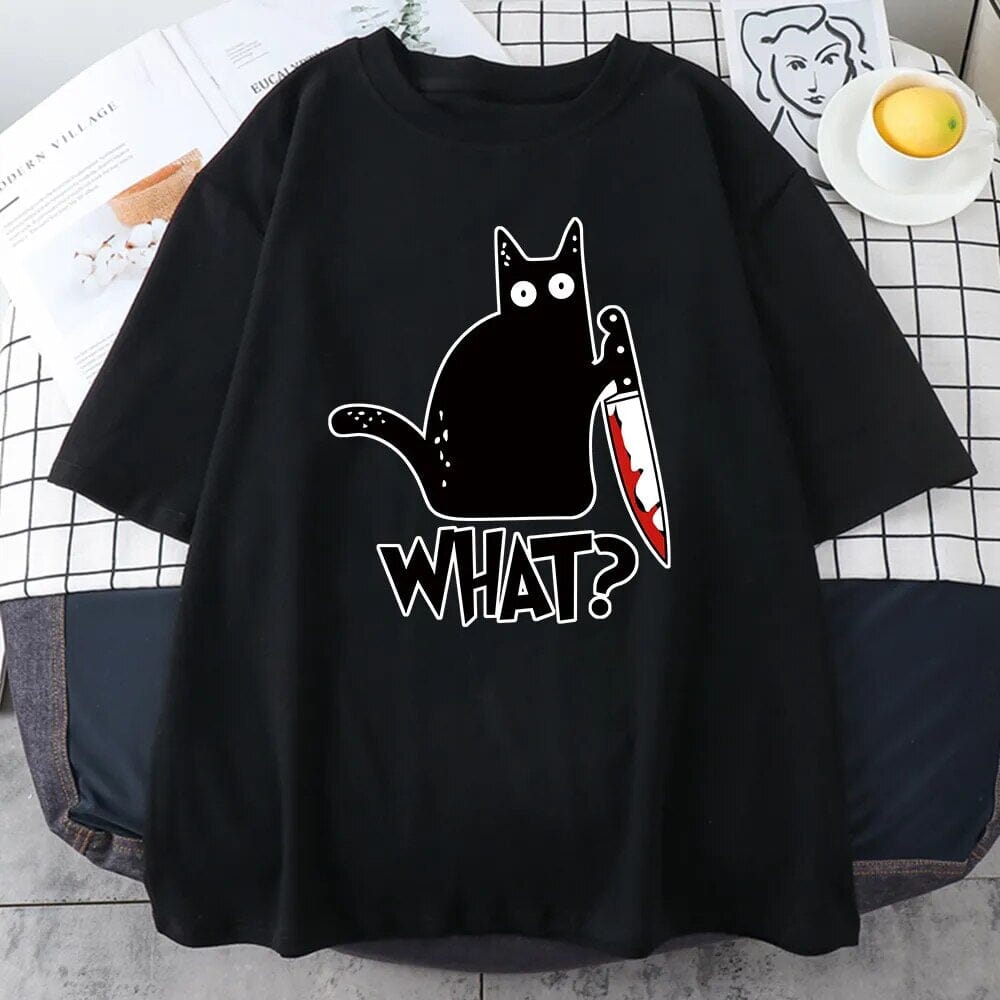 Killer Black Cat What Surprised Print Men's Cotton T-Shirt Creativity Funny Tops Oversize All-math Vintage Short Sleeve Man Tops GatoGeek 