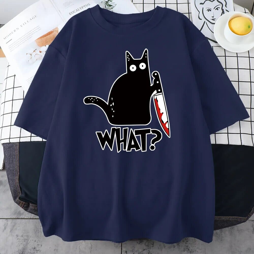 Killer Black Cat What Surprised Print Men's Cotton T-Shirt Creativity Funny Tops Oversize All-math Vintage Short Sleeve Man Tops GatoGeek Dark Blue S 