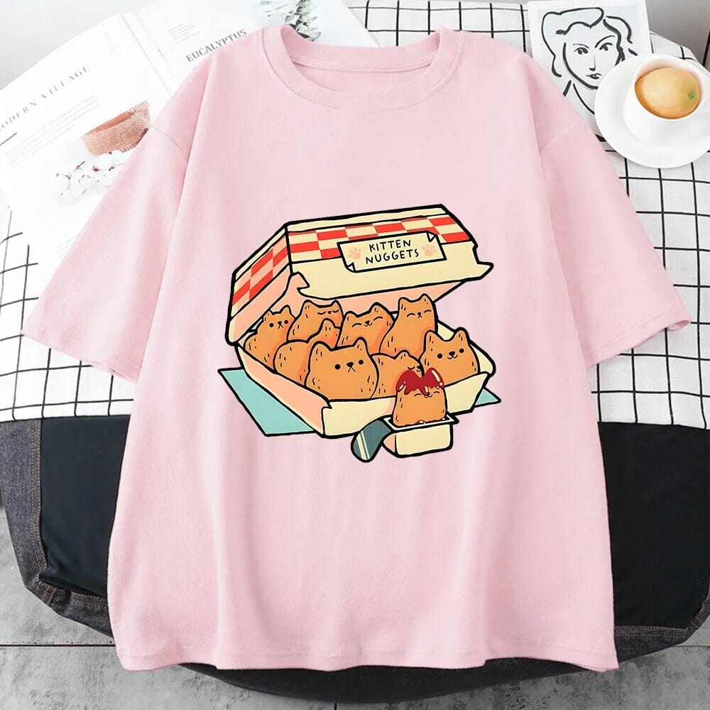 Kitten Nuggets Happy T Shirts WOMEN Kawaii/cute High Street Tshirts 100% Cotton T-shirts Cat Biscuits Dipping Sauce Short Sleeve GatoGeek pink XS 