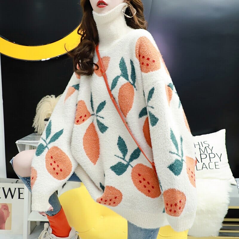 Knit Plush Sweater Women Loose Turtleneck Female Pullovers Cute Fruit Printed Woman Sweater Winter Soft Sweet Thick Pullovers 0 GatoGeek 