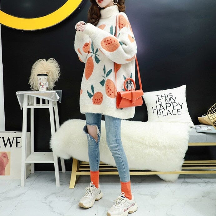 Knit Plush Sweater Women Loose Turtleneck Female Pullovers Cute Fruit Printed Woman Sweater Winter Soft Sweet Thick Pullovers 0 GatoGeek 