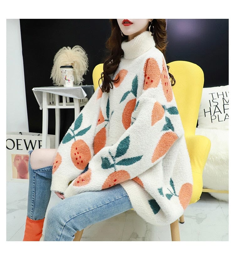 Knit Plush Sweater Women Loose Turtleneck Female Pullovers Cute Fruit Printed Woman Sweater Winter Soft Sweet Thick Pullovers 0 GatoGeek White One Size 