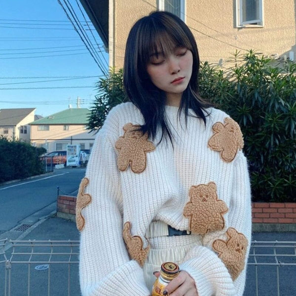 Korean Loose Sweater Women Cartoons Cute Bear Kawaii Pullovers Japanese Knitting Jumpers Female Winter Long Sleeve Soft Tops 0 GatoGeek Beige S 