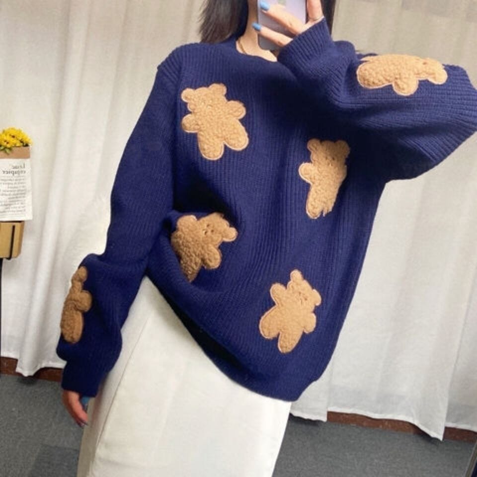 Korean Loose Sweater Women Cartoons Cute Bear Kawaii Pullovers Japanese Knitting Jumpers Female Winter Long Sleeve Soft Tops 0 GatoGeek Navy Blue S 