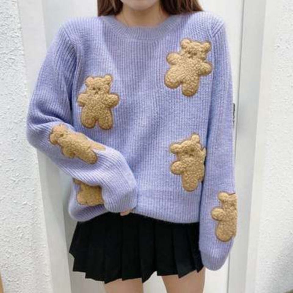 Korean Loose Sweater Women Cartoons Cute Bear Kawaii Pullovers Japanese Knitting Jumpers Female Winter Long Sleeve Soft Tops 0 GatoGeek Purple S 