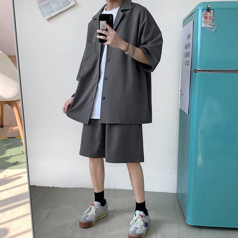Korean Style Men's Set Suit Jacket and Shorts Solid Thin Short Sleeve Top Matching Bottoms Summer Fashion Oversized Short Suit 0 GatoGeek 