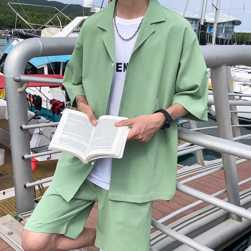 Korean Style Men's Set Suit Jacket and Shorts Solid Thin Short Sleeve Top Matching Bottoms Summer Fashion Oversized Short Suit 0 GatoGeek Turquoise M 45-50kg 