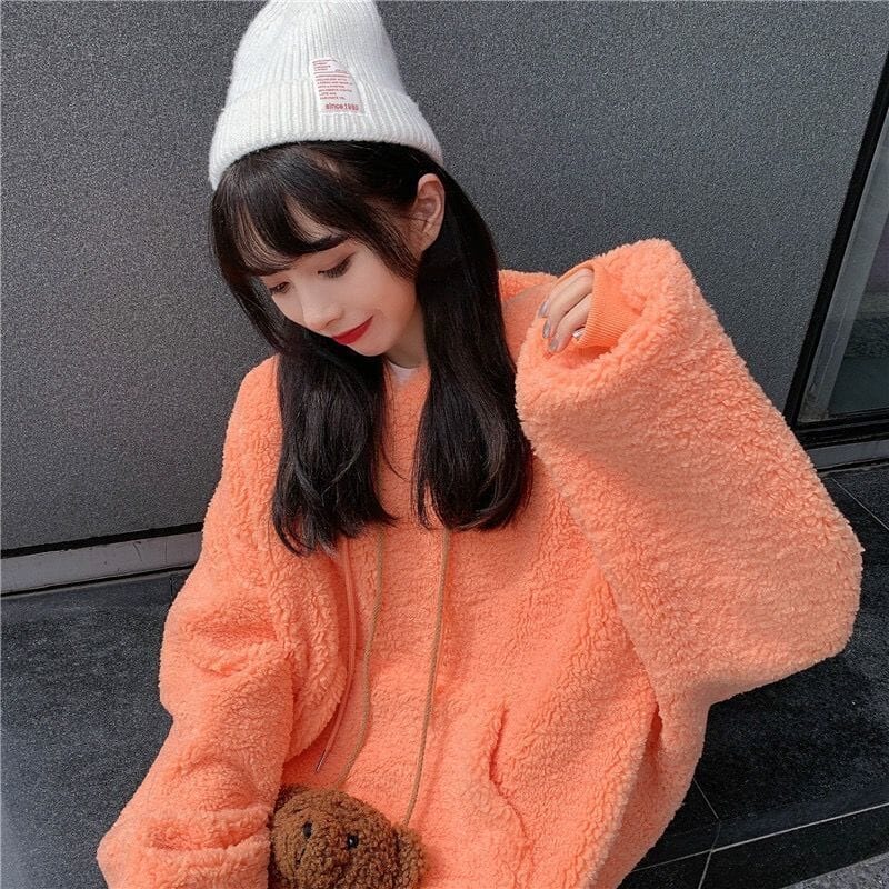 Large Hooded Sweater for Women In Autumn and Winter 2023 New Korean Version Loose Plush Thickened Imitation Lamb Plush Coat Top 0 GatoGeek 