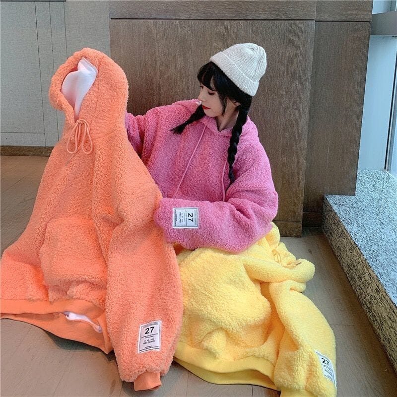 Large Hooded Sweater for Women In Autumn and Winter 2023 New Korean Version Loose Plush Thickened Imitation Lamb Plush Coat Top 0 GatoGeek 