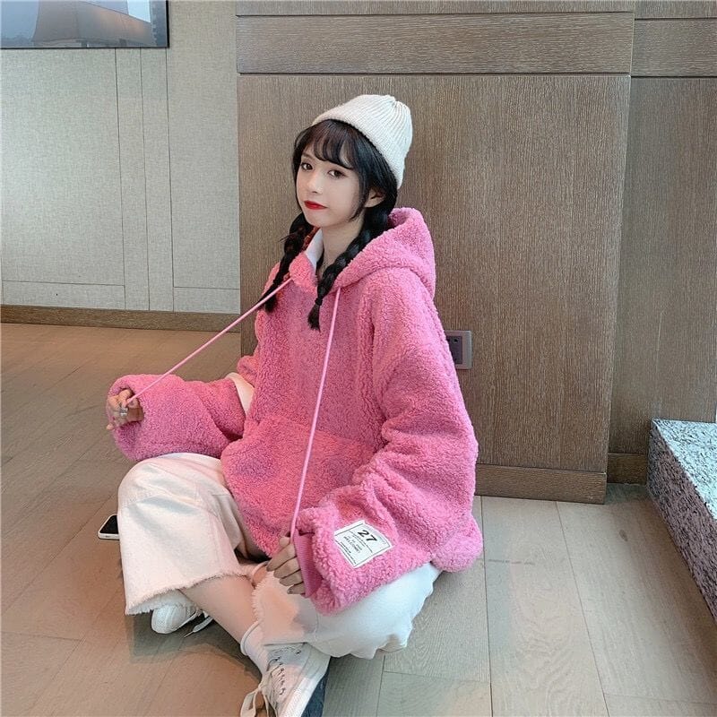 Large Hooded Sweater for Women In Autumn and Winter 2023 New Korean Version Loose Plush Thickened Imitation Lamb Plush Coat Top 0 GatoGeek A S 47.5KG 