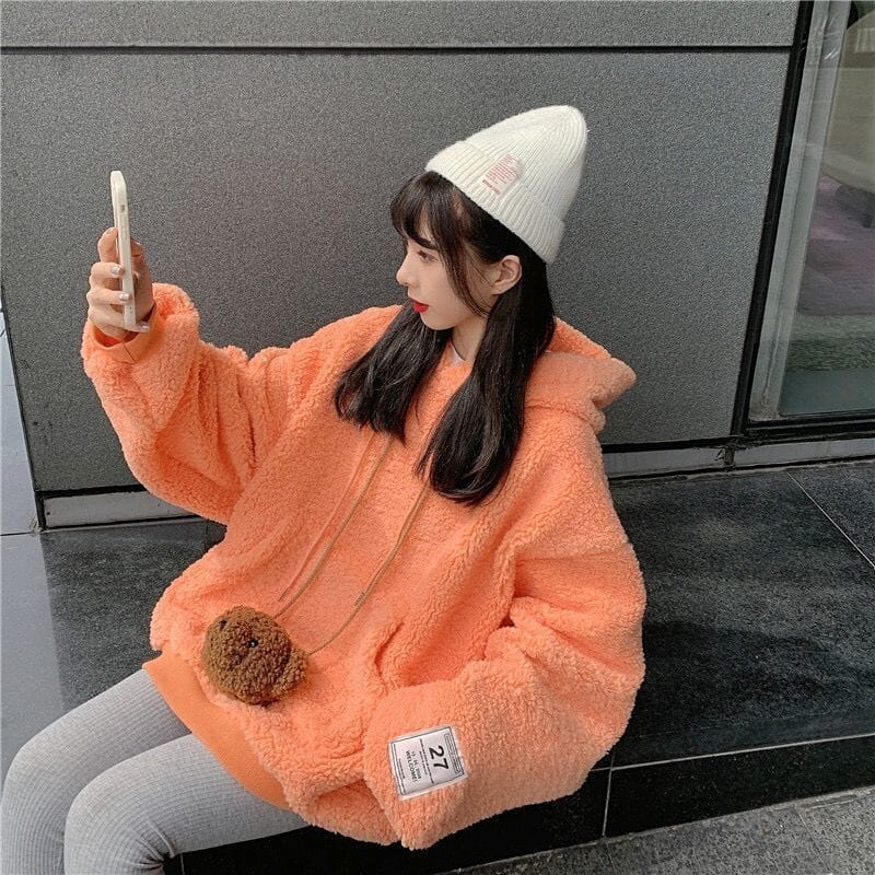 Large Hooded Sweater for Women In Autumn and Winter 2023 New Korean Version Loose Plush Thickened Imitation Lamb Plush Coat Top 0 GatoGeek B S 47.5KG 