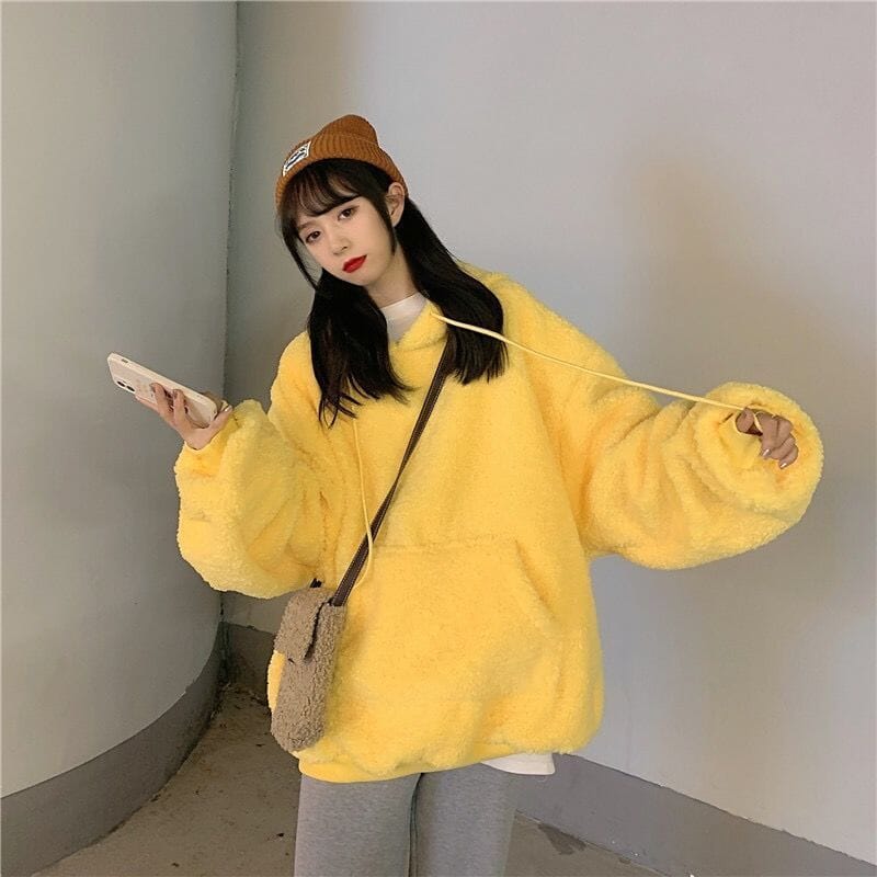 Large Hooded Sweater for Women In Autumn and Winter 2023 New Korean Version Loose Plush Thickened Imitation Lamb Plush Coat Top 0 GatoGeek C S 47.5KG 