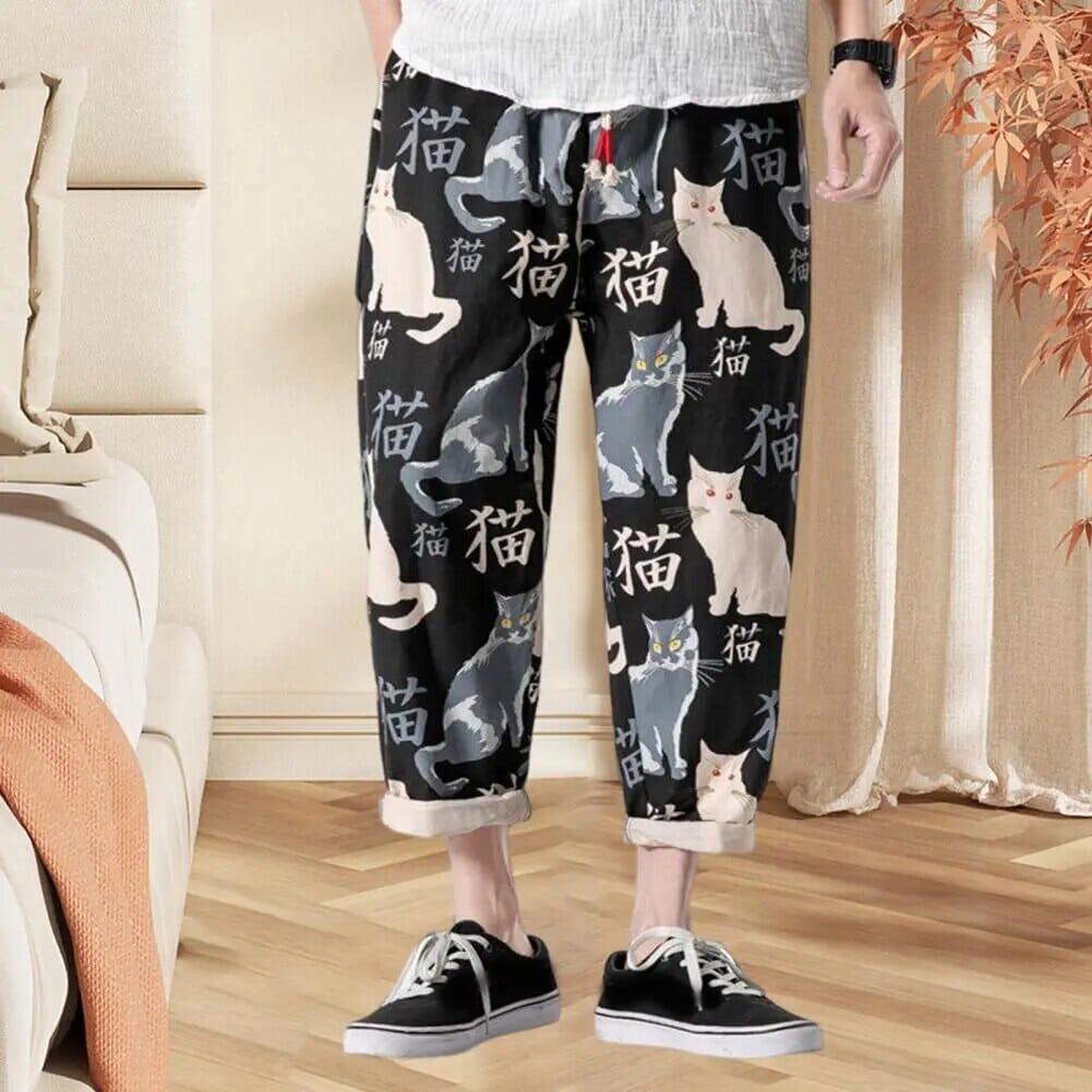 Men Ninth Pants Elastic Waist Drawstring Men Sweatpants Casual Cat Print Japanese Style Men Trousers Men Summer Sweatpants GatoGeek 