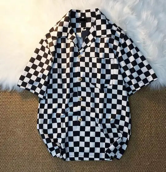 Men Summer Blouse Chess Shirt Grid White Black Plaid Fashion Thin GatoGeek 1 M 