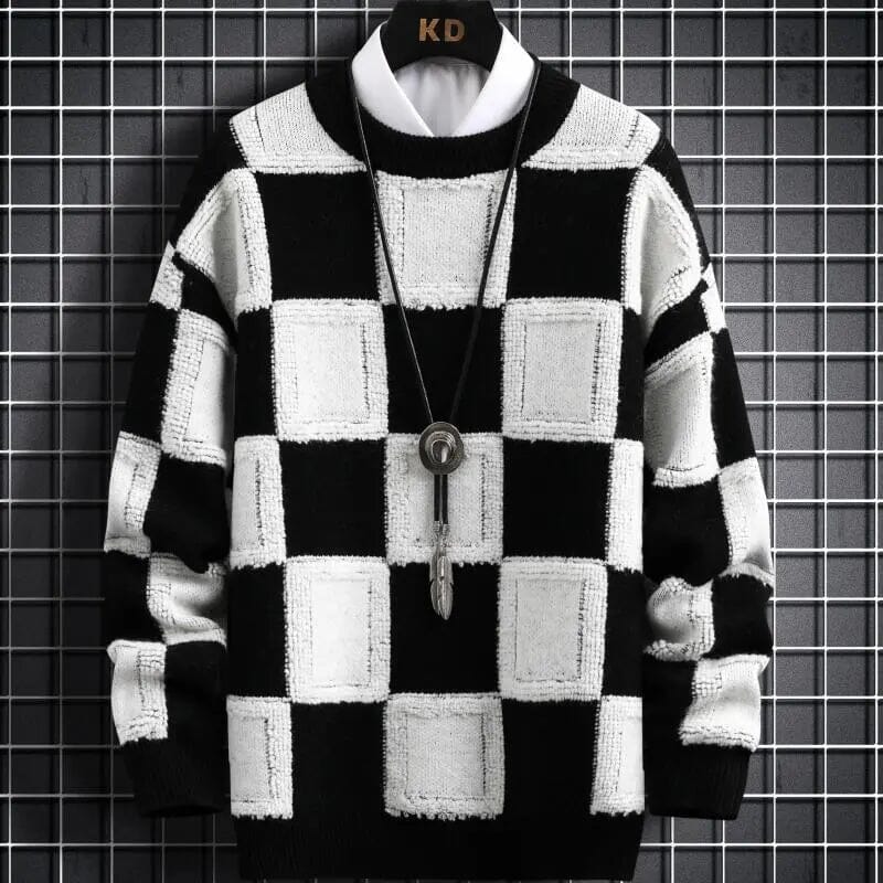 New Fall Winter Korean Style Mens Pullovers Sweaters High Quality Thick Warm Cashmere Sweater Men Luxury Plaid Pull Homme 2023 GatoGeek Black Asian S is Eur XXS 