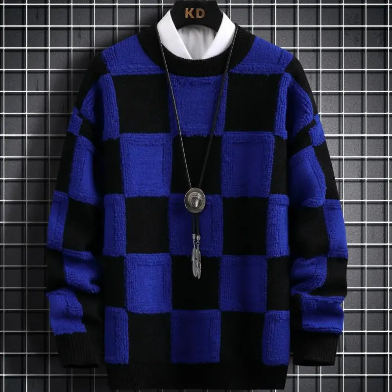New Fall Winter Korean Style Mens Pullovers Sweaters High Quality Thick Warm Cashmere Sweater Men Luxury Plaid Pull Homme 2023 GatoGeek Blue Asian S is Eur XXS 
