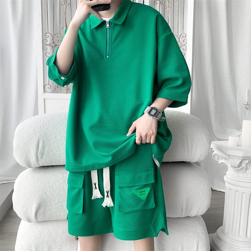 Plus Size 5XL-M Fashion Waffle Loose Casual Men's Sets Simple Turn Down Collar Short Sleeve Polo Shirts And Shorts Streetwear 0 GatoGeek Green Asian M 48-53KG 