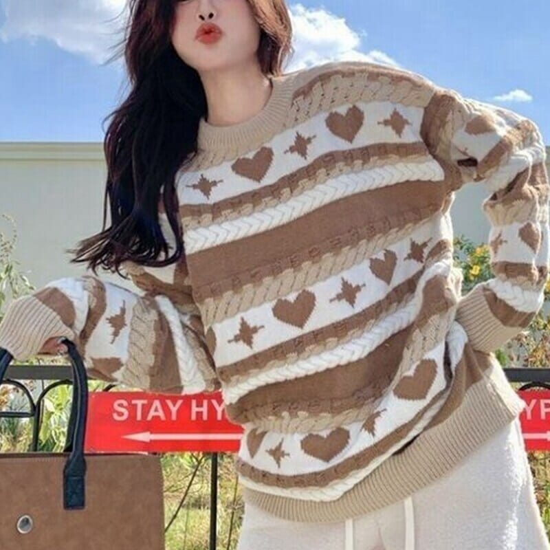 Purple Stripe Retro Casual Fashion Oversize Sweater Women&#39;S Winter Warmth Harajuku Knit Pullover Long Sleeve Sweater Streetwear 0 GatoGeek Apricot One Size 