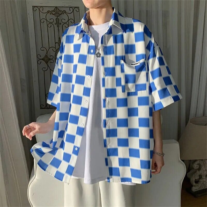 Short Sleeve Printing Plaid Shirts Button Turn-down Collar Casual Handsome Office Streetwear Spring Summer Men's Clothing 2023 GatoGeek Blue S 