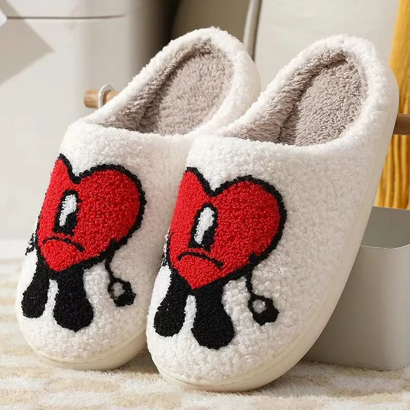 Smile Face Warm Winter House Fur Slippers for Women Cute Smile Pattern Fluffy Soft Plush Bedroom Home Ladies Cotton Female Shoes GatoGeek heart 37-38 
