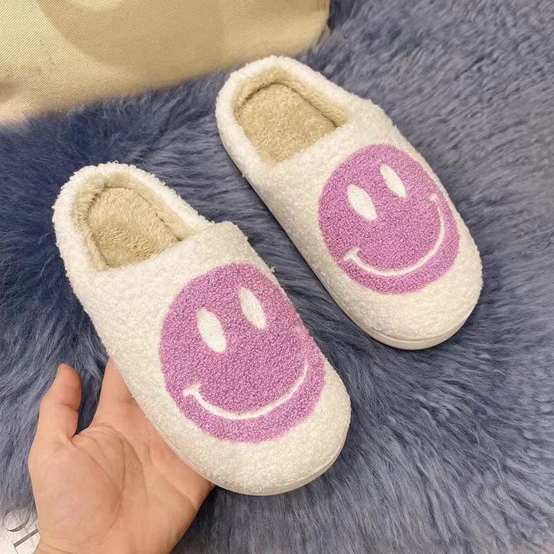 Smile Face Warm Winter House Fur Slippers for Women Cute Smile Pattern Fluffy Soft Plush Bedroom Home Ladies Cotton Female Shoes GatoGeek white-purple2 37-38 