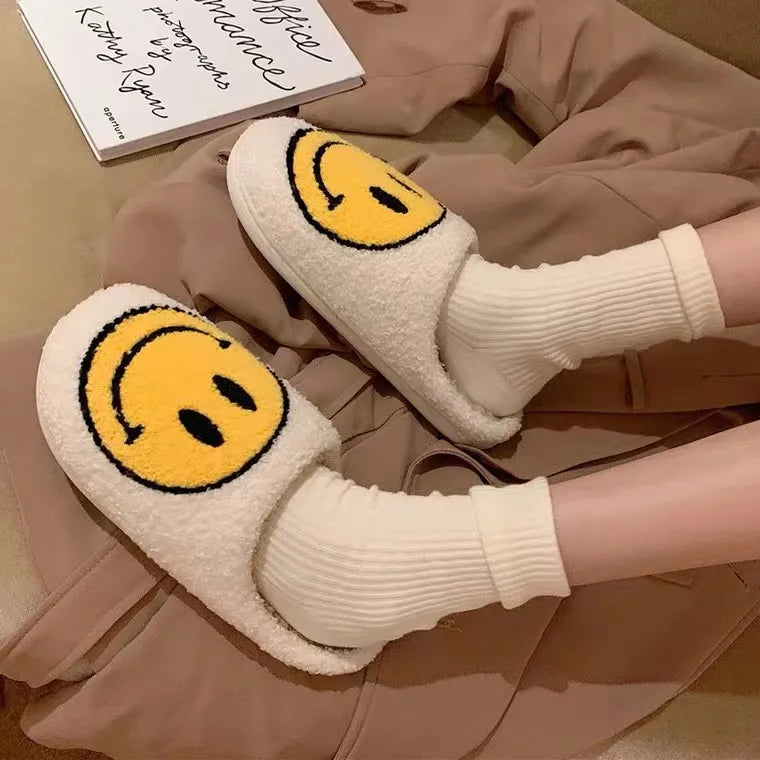 Smile Face Warm Winter House Fur Slippers for Women Cute Smile Pattern Fluffy Soft Plush Bedroom Home Ladies Cotton Female Shoes GatoGeek white-yellow1 37-38 