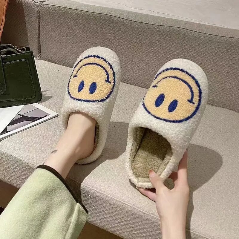 Smile Face Warm Winter House Fur Slippers for Women Cute Smile Pattern Fluffy Soft Plush Bedroom Home Ladies Cotton Female Shoes GatoGeek white-yellow2 37-38 