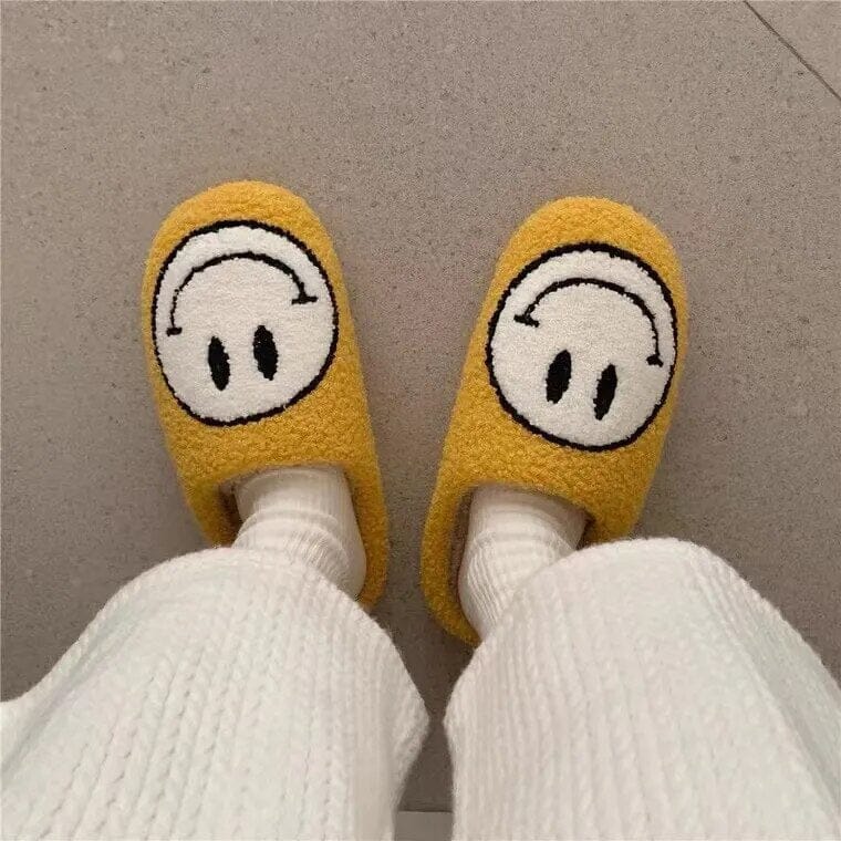 Smile Face Warm Winter House Fur Slippers for Women Cute Smile Pattern Fluffy Soft Plush Bedroom Home Ladies Cotton Female Shoes GatoGeek yellow 37-38 