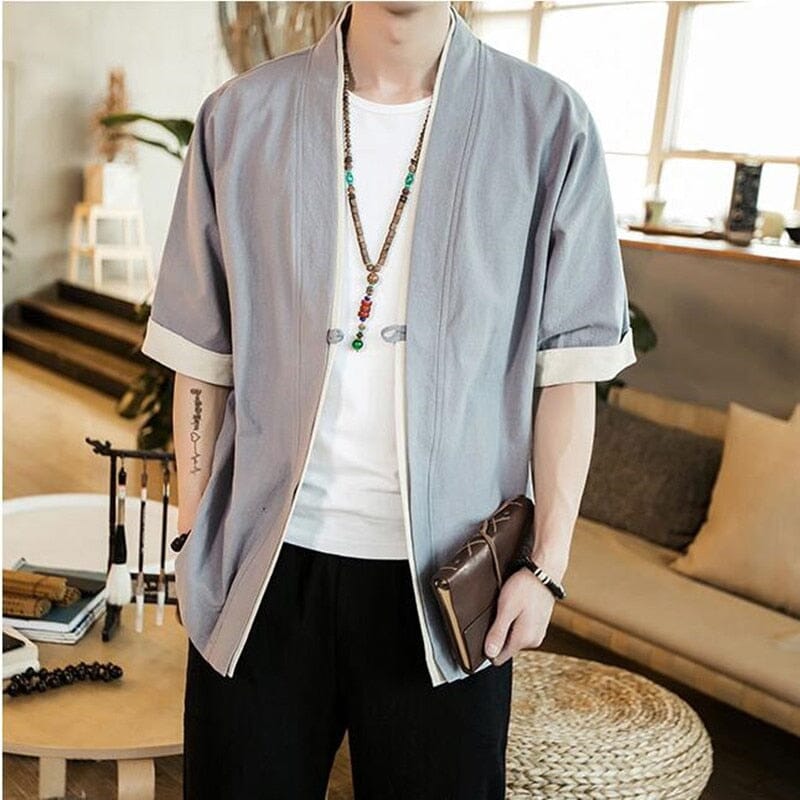 Summer Men's Kimono Jackets Cardigan Lightweight Casual Cotton Blends Linen Seven Sleeves Open Front Hanfu Coat 0 GatoGeek gray M 