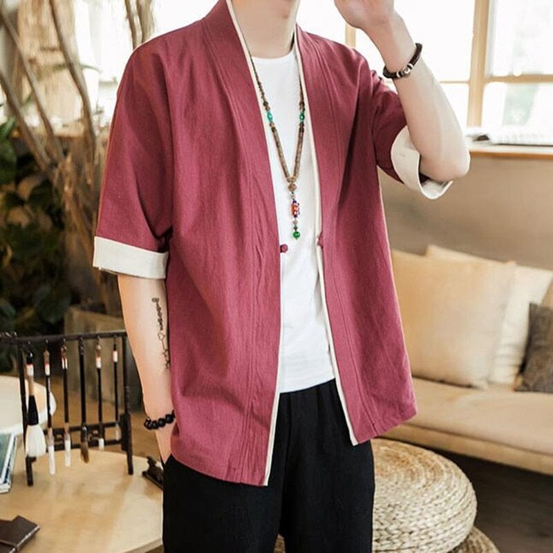 Summer Men's Kimono Jackets Cardigan Lightweight Casual Cotton Blends Linen Seven Sleeves Open Front Hanfu Coat 0 GatoGeek red M 