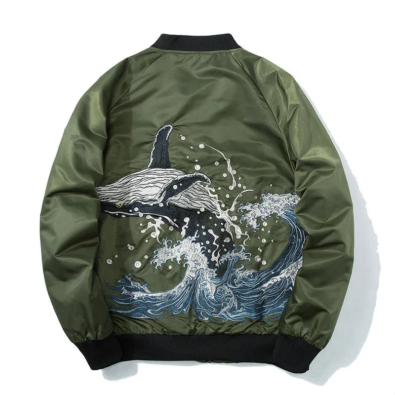 Whale Embroidered Bomber Jacket Men Spring Cotton Padded MA1 Thick Coat Oversize Baseball Male Coats Winter Japanese Sukajan GatoGeek 