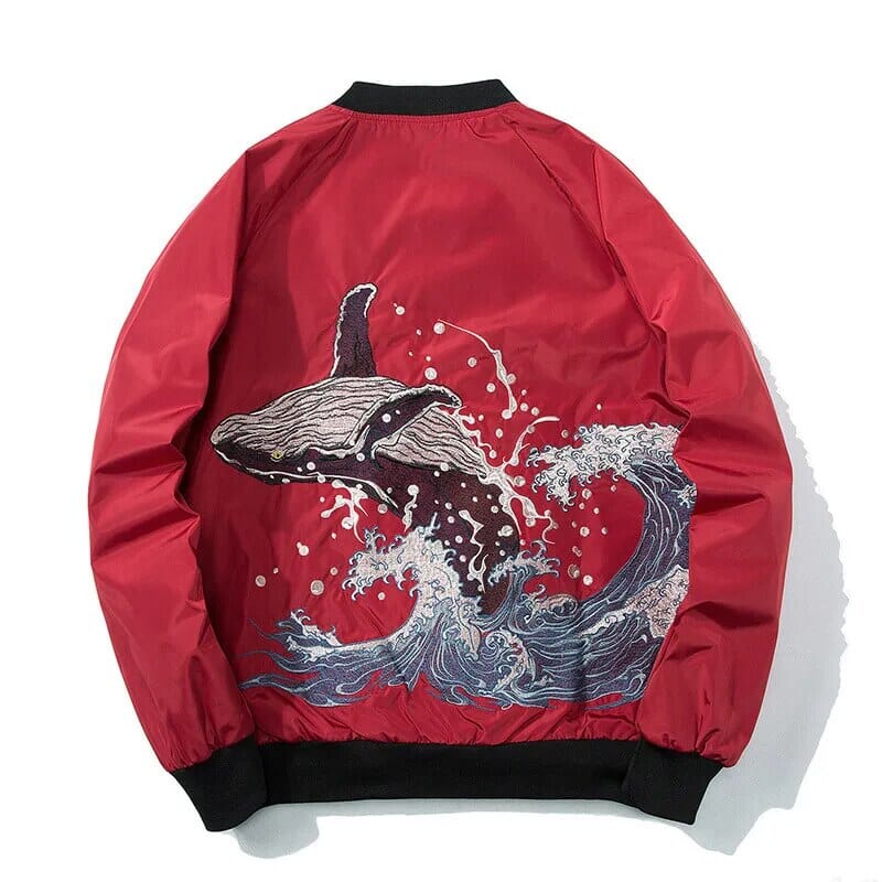 Whale Embroidered Bomber Jacket Men Spring Cotton Padded MA1 Thick Coat Oversize Baseball Male Coats Winter Japanese Sukajan GatoGeek Red S (45-52kg) 