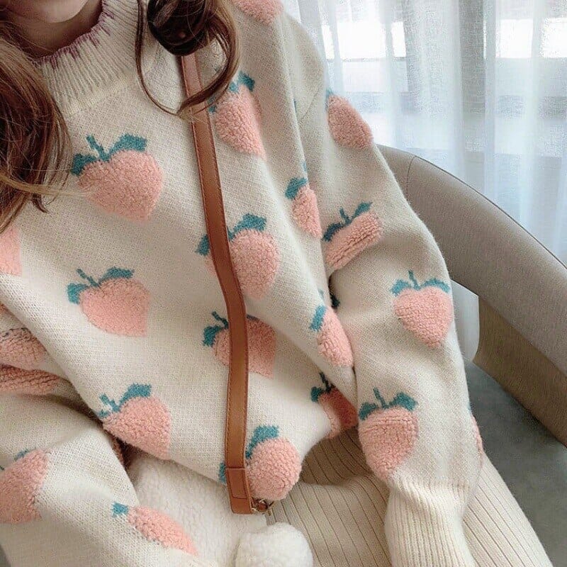 Winter Knitted Sweater Women Strawberry Embroidery Oversized Pullovers Harajuku Casual O-Neck Loose Knitwear Jumper Sueter Mujer 0 GatoGeek 