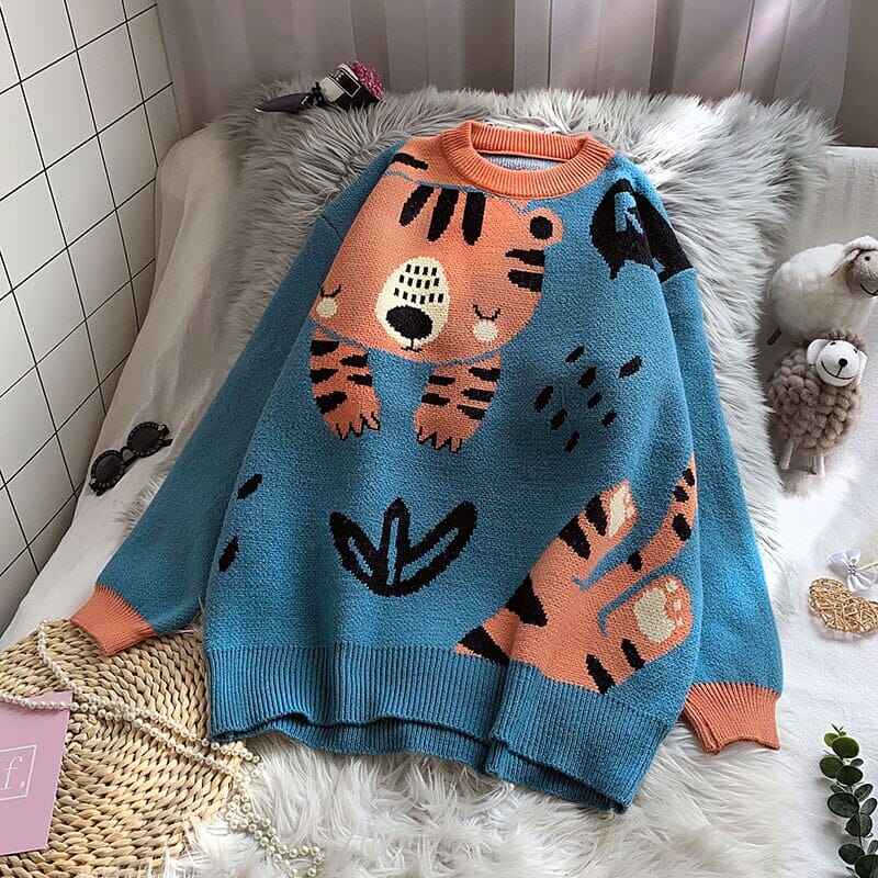 Women Kawaii Sweater Oversized Knitted Thicken Pullovers Cartoon Outwear Mujer Loose Casual Ladies Tops 0 GatoGeek blue One Size 