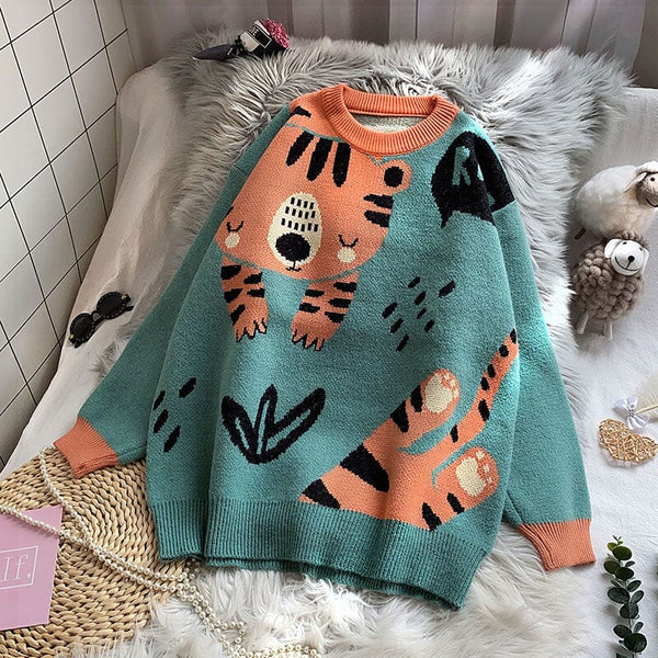 Women Kawaii Sweater Oversized Knitted Thicken Pullovers Cartoon Outwear Mujer Loose Casual Ladies Tops 0 GatoGeek green One Size 