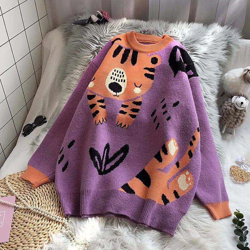 Women Kawaii Sweater Oversized Knitted Thicken Pullovers Cartoon Outwear Mujer Loose Casual Ladies Tops 0 GatoGeek purple One Size 