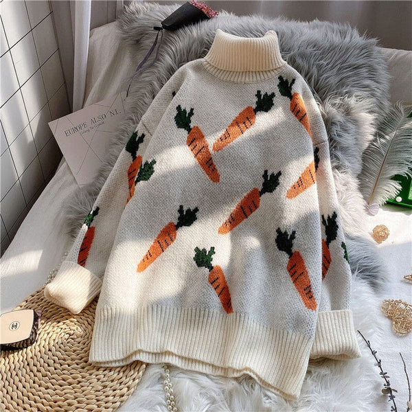 Womens Winter Sweaters Carrot Print Loose Solid Color Long Sleeve Sweater Korean Fashion Harajuku Turtleneck Pullovers A0044 0 GatoGeek Turtleneck Beige One-size 