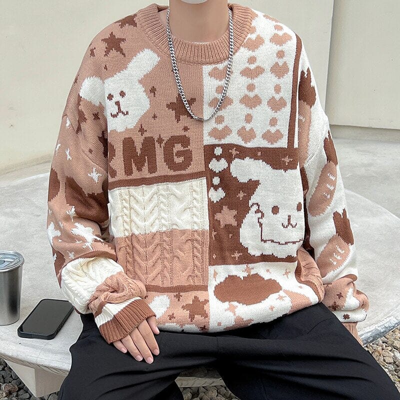 ZAZOMDE Autumn Cartoon Knit Sweater Male Winter Loose Fashion Casual Pullover Hip Hop Patchwork Sweaters Couple Knitted Sweaters 0 GatoGeek 