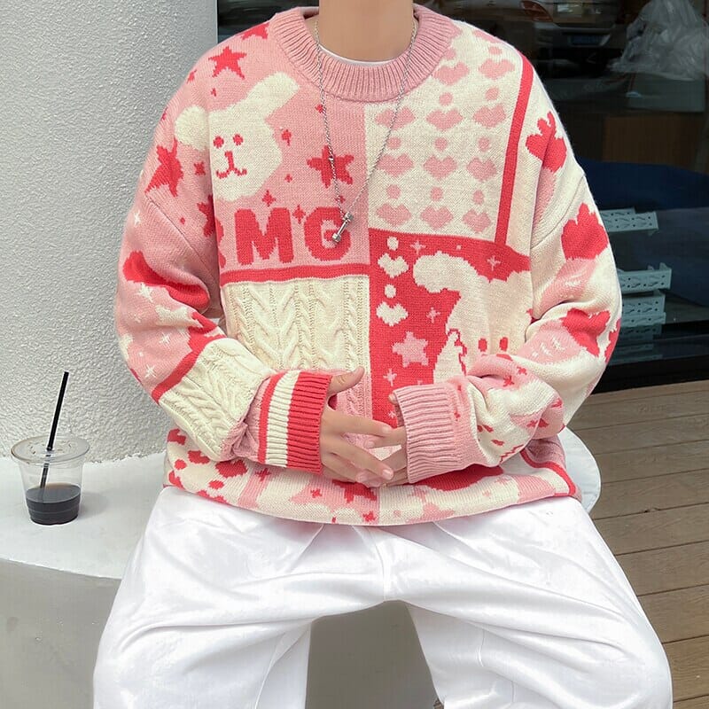 ZAZOMDE Autumn Cartoon Knit Sweater Male Winter Loose Fashion Casual Pullover Hip Hop Patchwork Sweaters Couple Knitted Sweaters 0 GatoGeek Pink M 